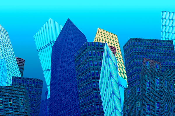 cartoon of exaggerated crowded city with different kinds of buildings