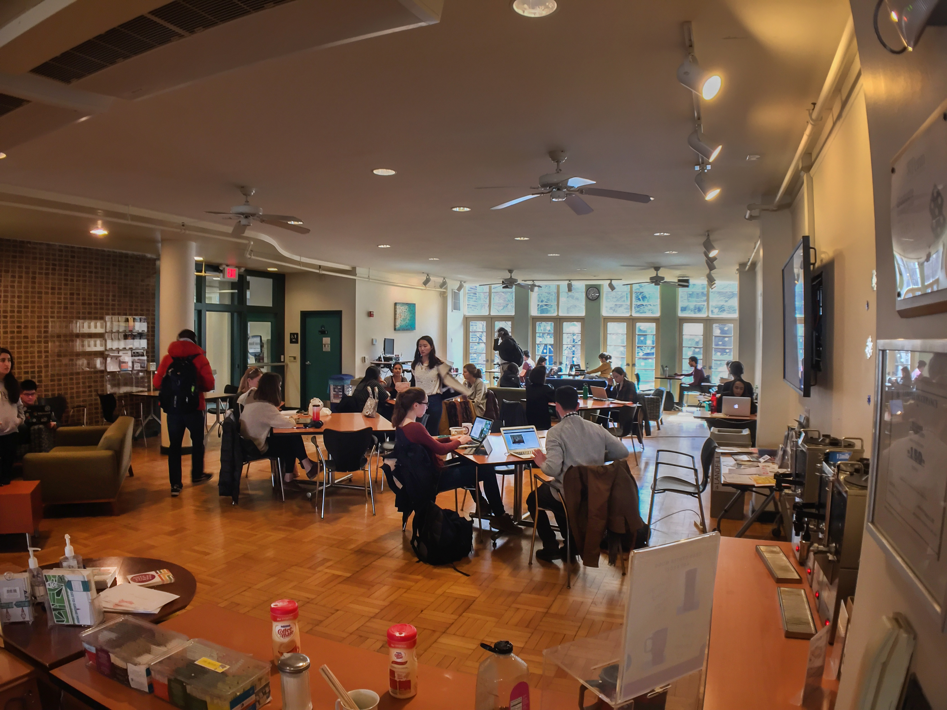 Students gather inside the Grad Center to study and network