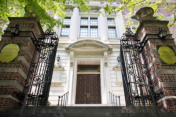 Front gate leading to steps and entrance to Penn Law building on campus.