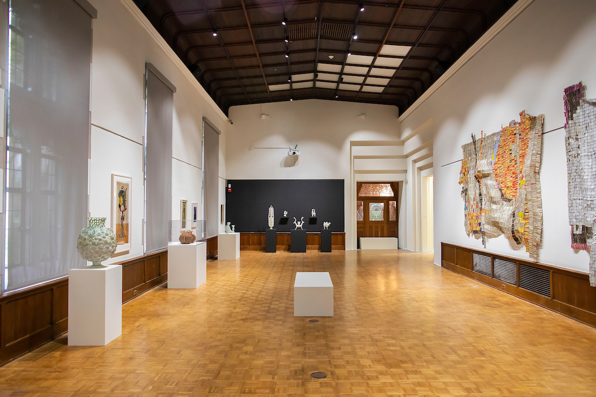 Art gallery with several mixed media and sculptures visible