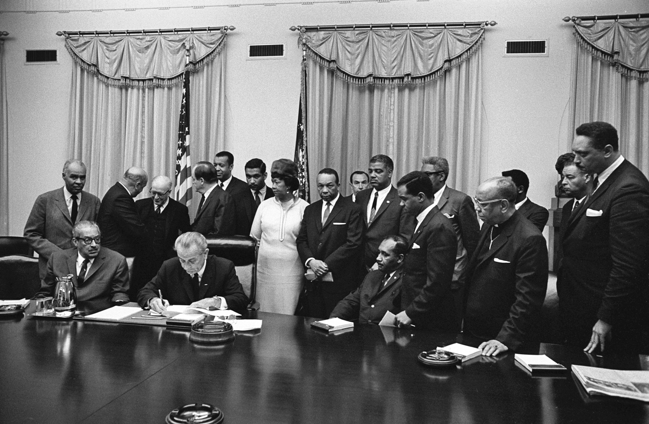 President Lyndon B. Johnson met with civil rights leaders at the White House on the day following the assassination of Martin Luther King Jr. Less than a week later, Johnson signed the Fair Housing Act. 