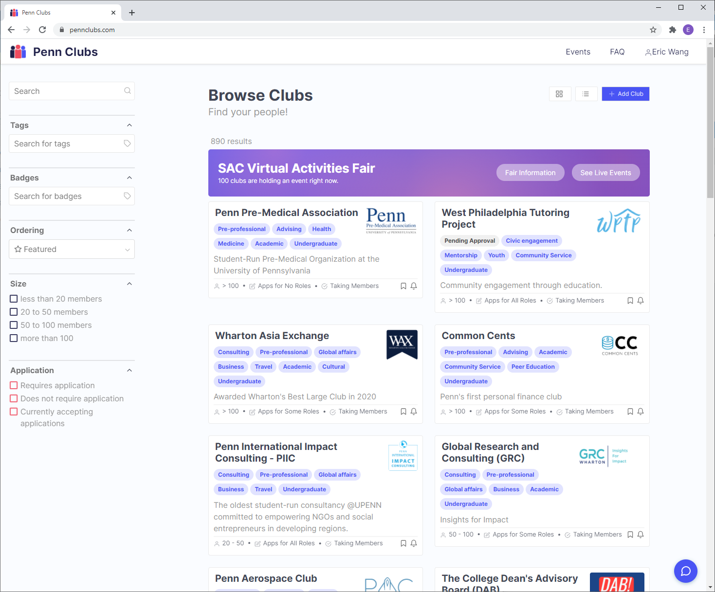 Homepage of the Penn Clubs online platform 