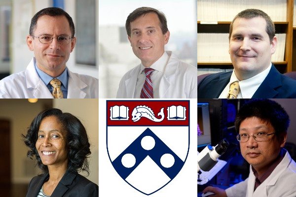 five faculty headshots and the Penn shield