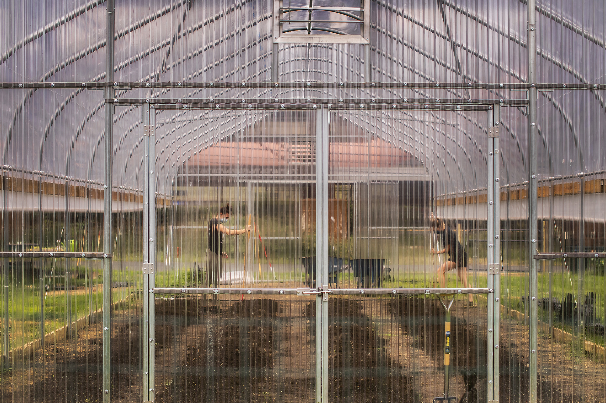 two students in a greenhouse