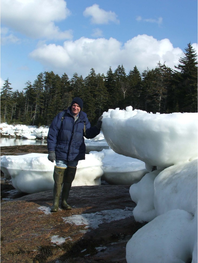 Scientist in winter gear stands on seashore next to large masses of ice