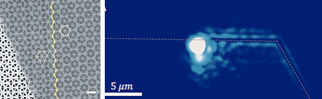 On the left, an image of the Agarwal group’s device, a single layer of tungsten disulfide (WS2) on a periodically patterned photonic crystal, On the right, the bright spot is circularly polarized light exciting helical topological exciton-polaritons.