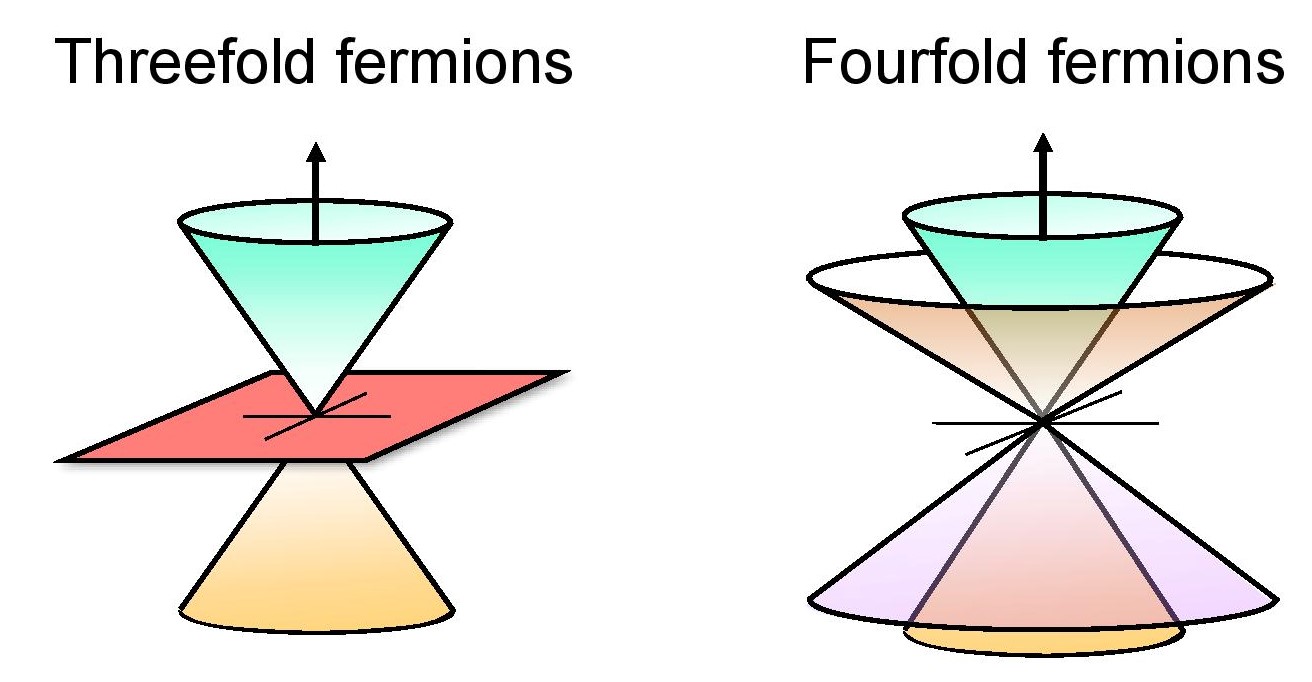 schematic illustration of a threefold fermion, shown as two cones with their points on a flat plane, and a fourfold fermion, made of two interconnected cones intersecting at a point