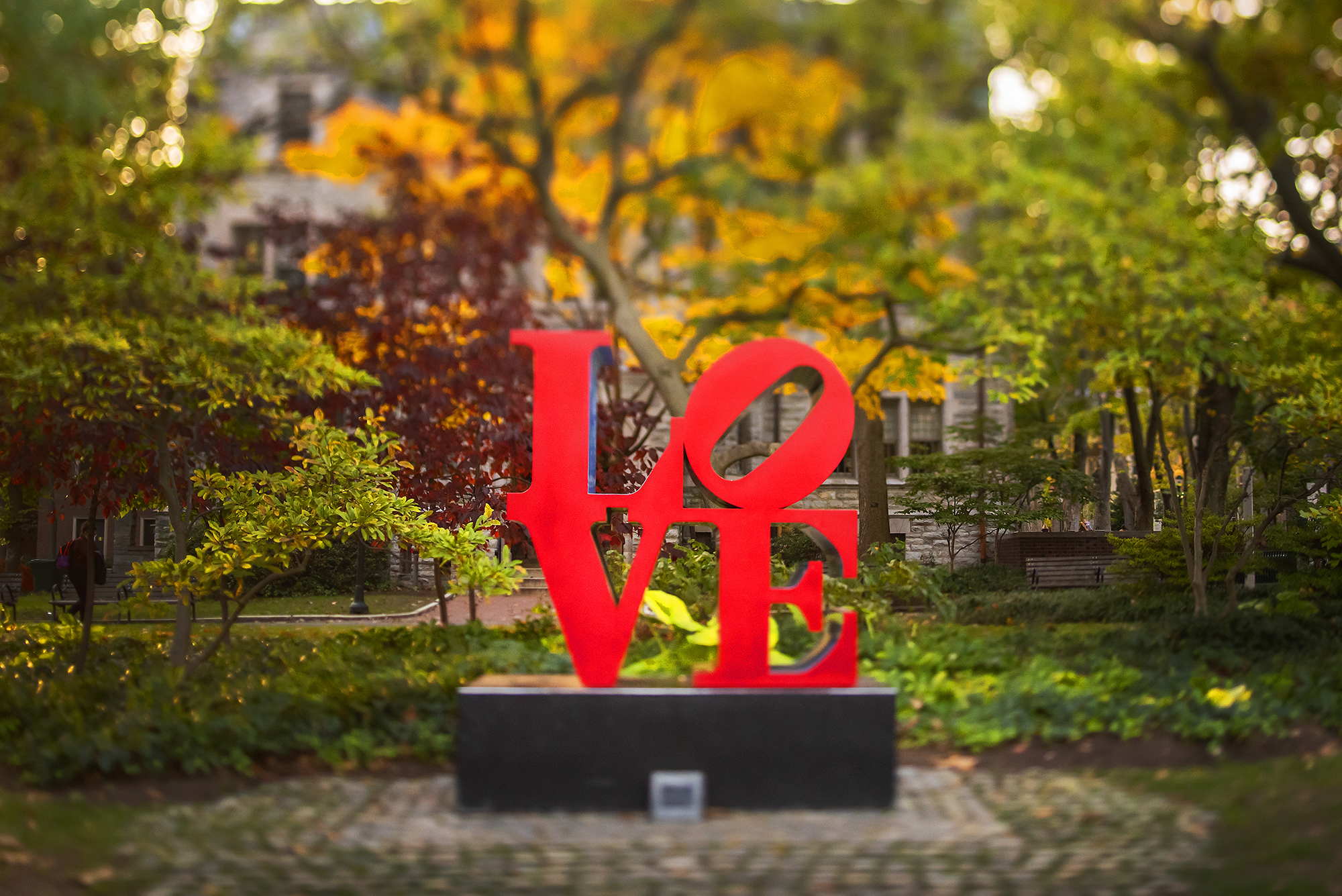 LOVE statue on Penn’s campus surrounded by fall foliage.