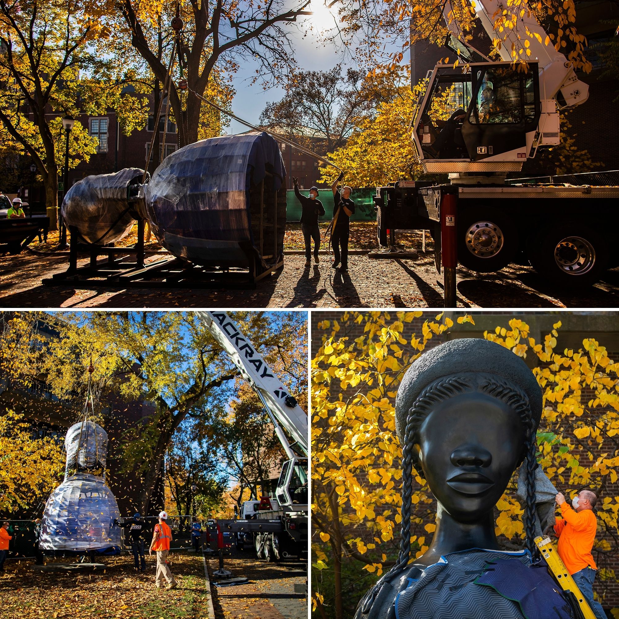 Three photos showing the bronze statue installation on Penn’s campus