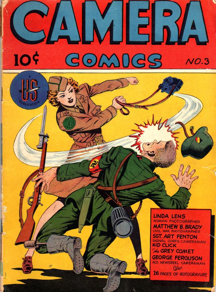 Cover of a comic book showing a U.S. soldier knocking out a Nazi solder. 