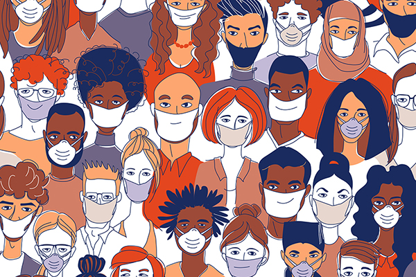 Drawing of a group of people of different genders and races standing together wearing face masks.