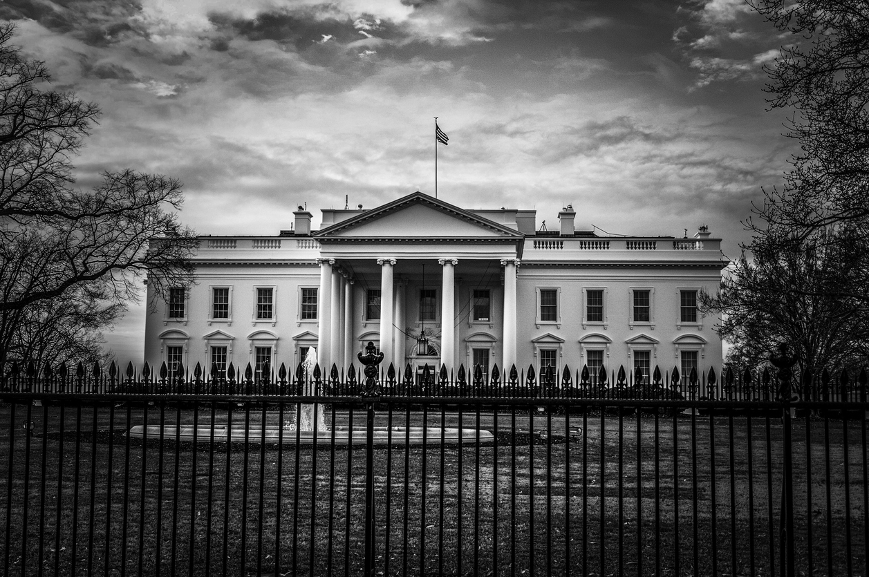 stock image of the white house in black and white