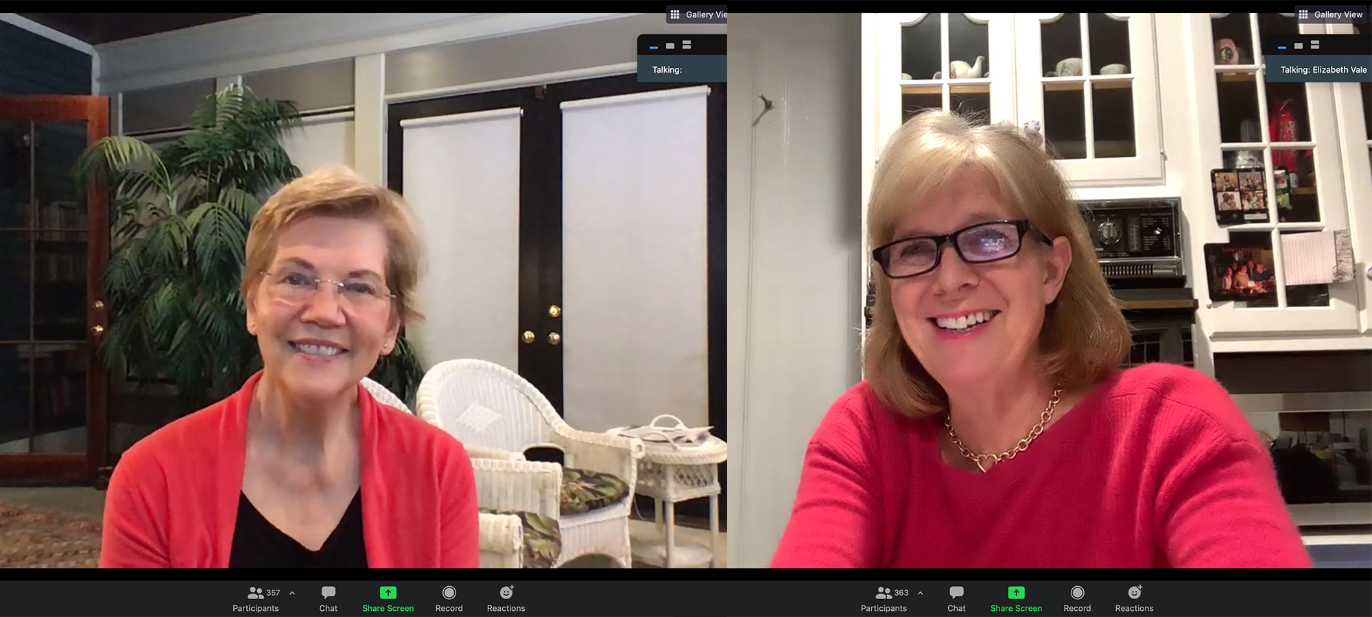 Woman with short blond hair, glasses, red cardigan and black t-shirt smiles on the left and a woman with a blond bob and pink shirt on the right smile during a Zoom call