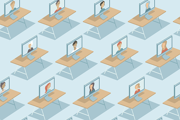 Cartoon of classroom desks with desktop computers on top, each computer screen features a person in a zoom meeting.
