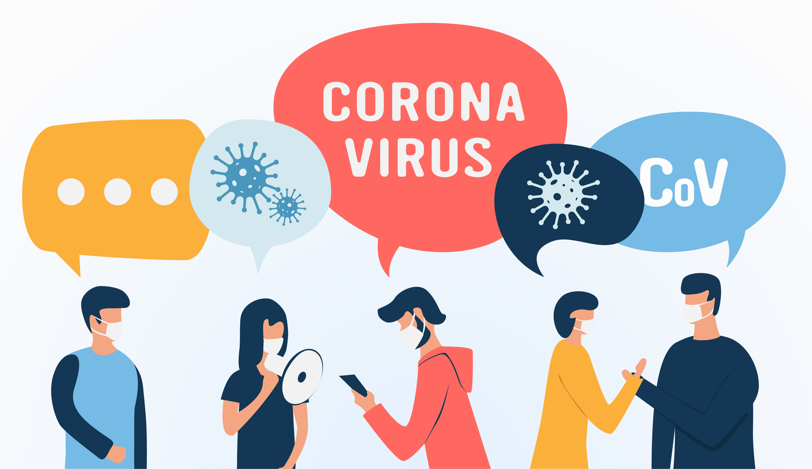 a cartoon of people wearing face masks with various speech bubbles that have images of a virus, the word coronavirus, and CoV