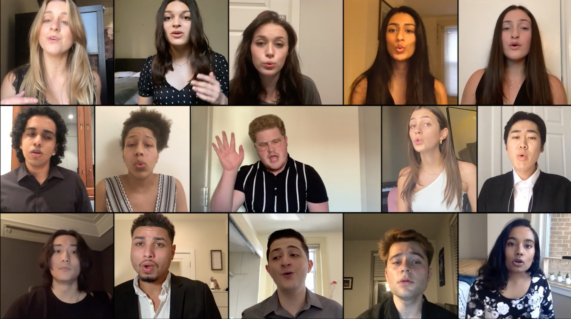 fifteen students singing in individual boxes on a computer screen 
