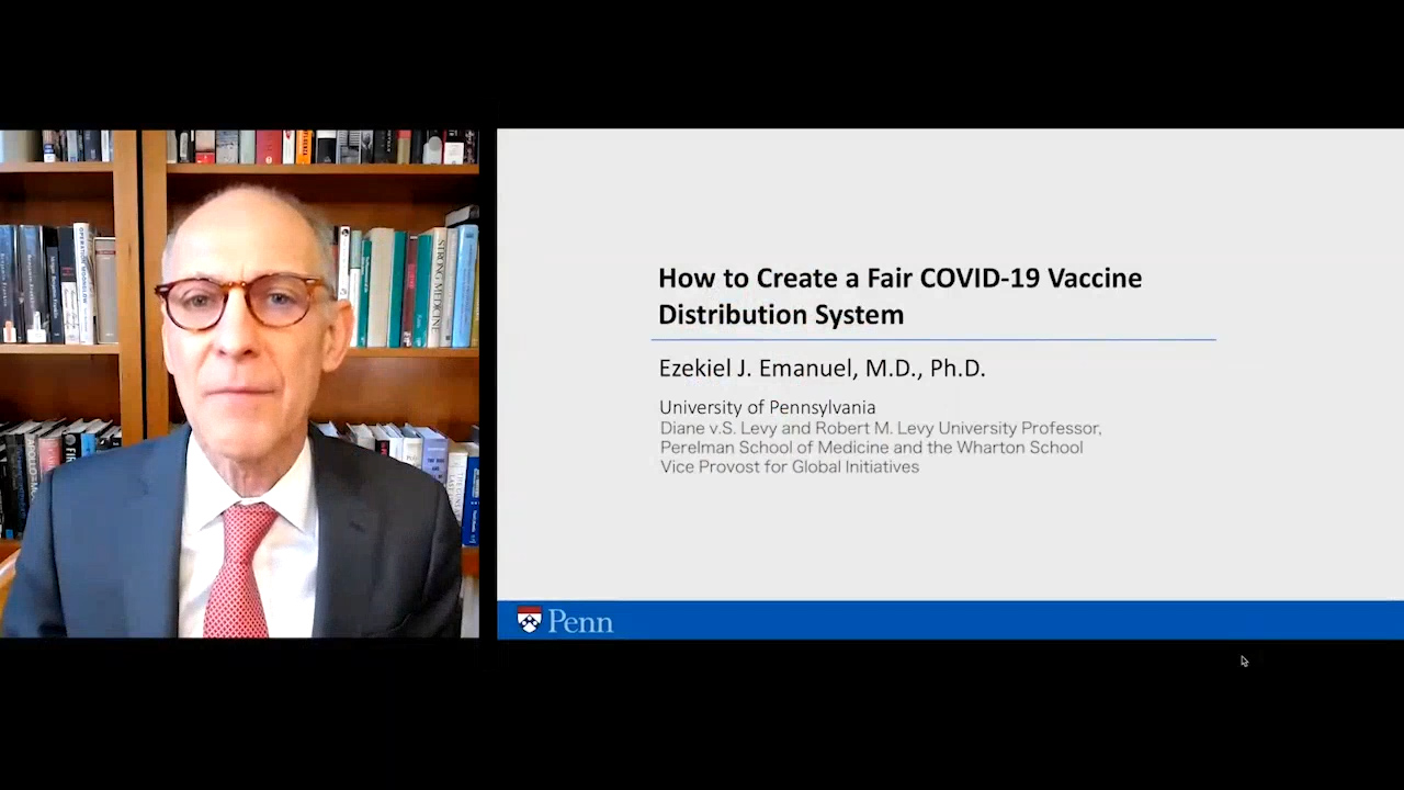 Ezekiel Emanual at Engaging Minds presents alongside screen that reads "How to create a fair COVID-19 vaccine distribution system"