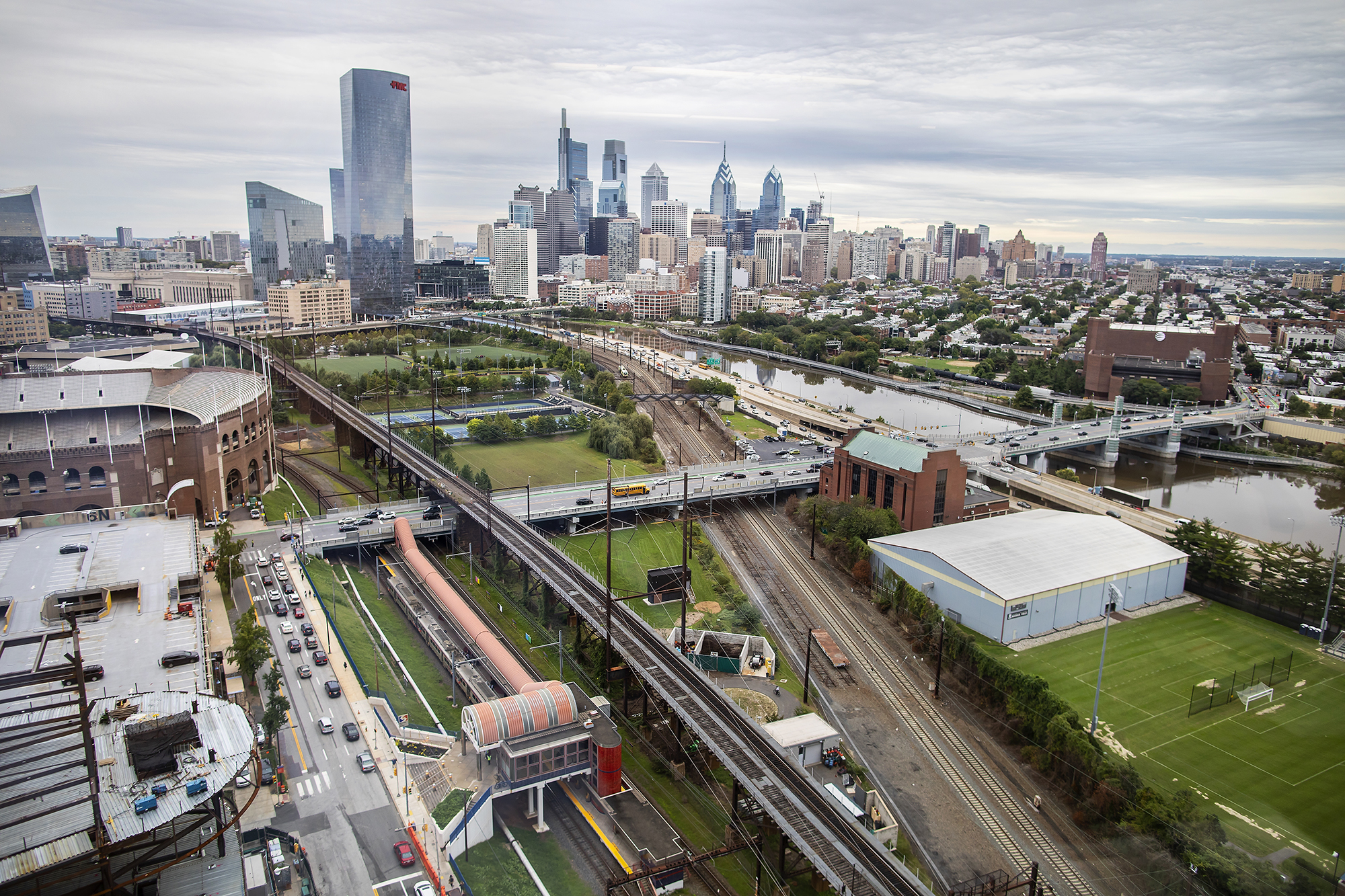 Philadelphia skyline in daylight, looking east from Penn Campus at Franklin Field.