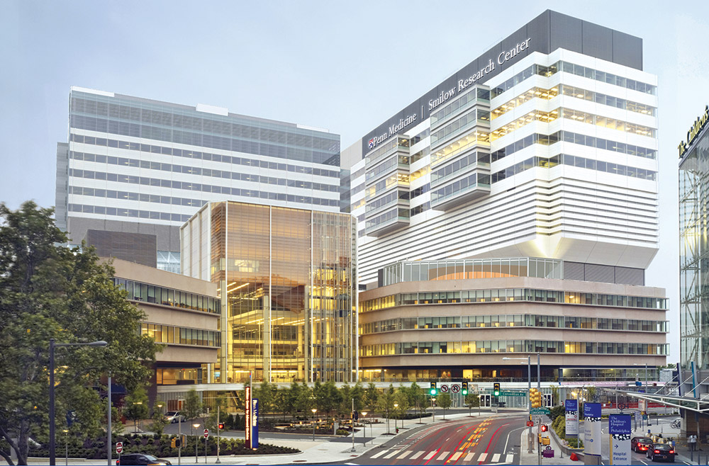 The exterior of the Perelman School of Medicine, showing the Smilow Research Center at right.