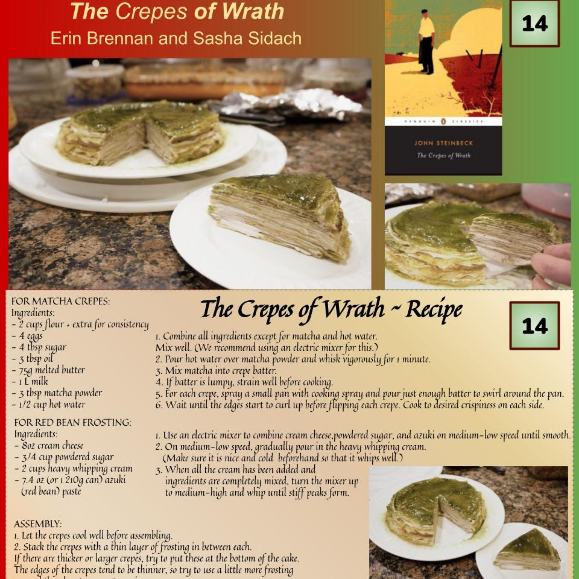 A photo of a stack of crepes with a green frosting on top along with a recipe.