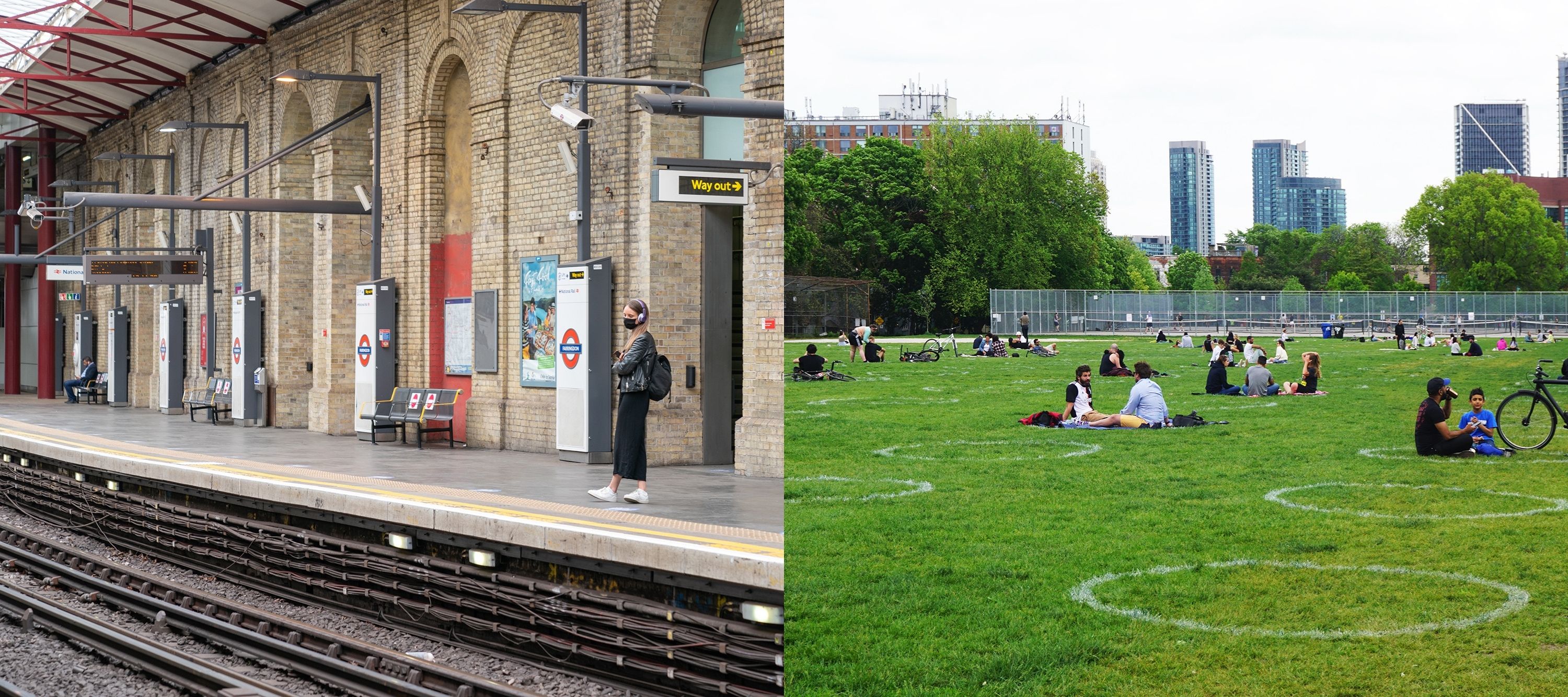 At left, a person wearing a face mask waits on the platform for the London Underground. At right. people sitting in a park on circles drawn in the grass to observe social distancing guidelines.