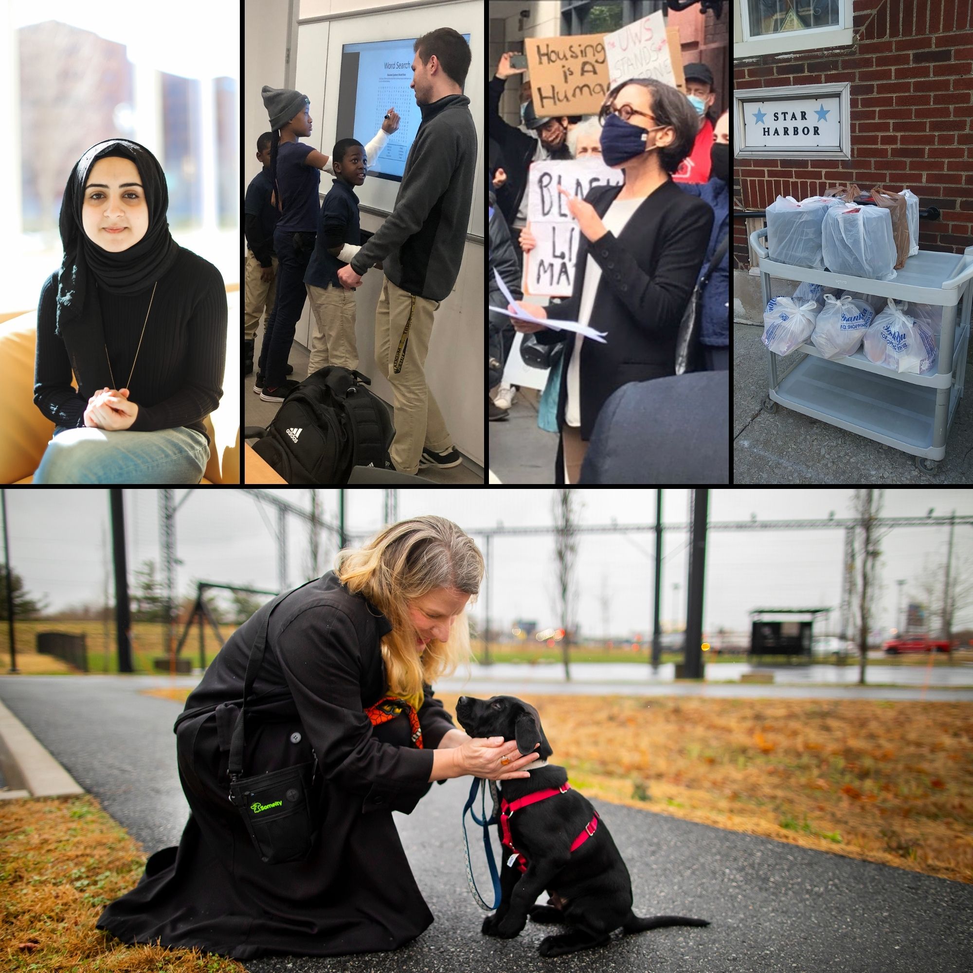 Top row, left to right, Fatima Al Rashed, Person wearing a face mask standing in a crowd of people holding protest signs, a volunteer with students at Comegys School, and shopping bags of donated items on a wheeled cart on a sidewalk outside a senior center. Bottom image Heather Calvert kneels down to pet her foster dog.