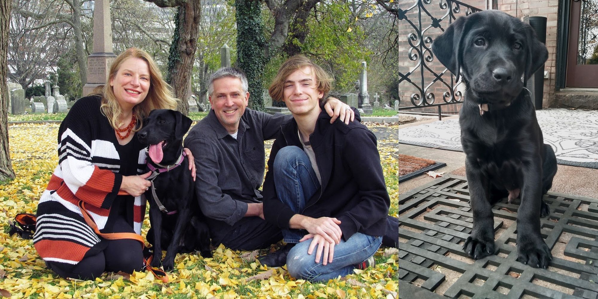 At left, Heather Calvert poses with her foster puppy, husband, and son on the ground in a cemetery with autumn leaves, foster dog as a puppy sitting on a welcome mat. 