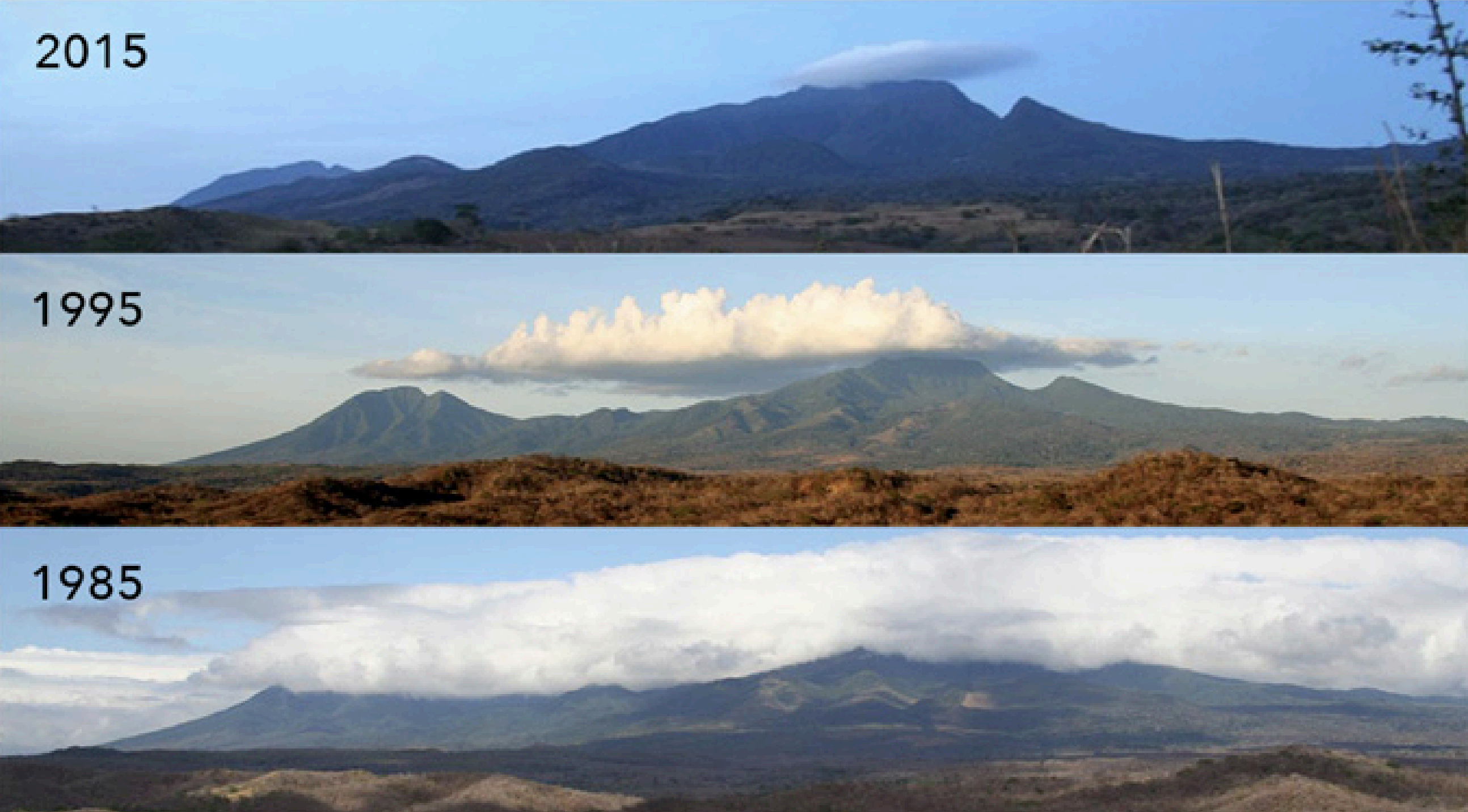 three pictures of the same mountains, with top showing little cloud cover and bottom showing a lot