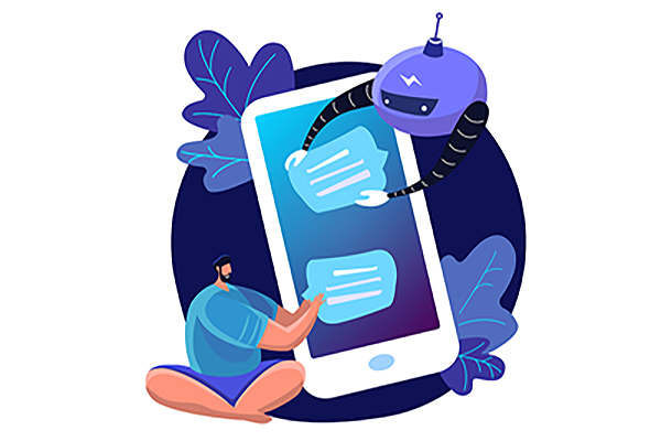 drawing of a large computer “bot” placing a text bubble on a giant smartphone and a human seated beneath the phone placing a text bubble below it on the smartphone.