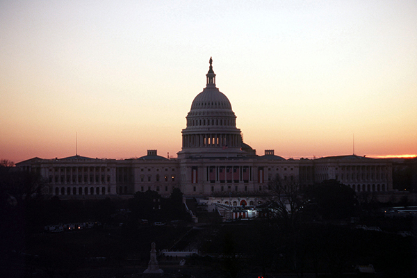 The U.S. Capitol building is seen at dusk