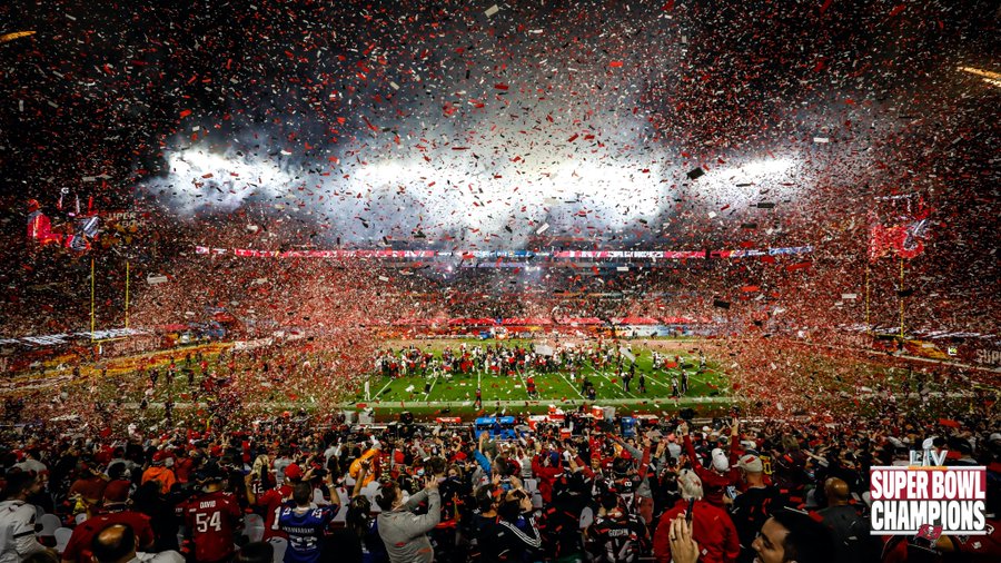 Tampa Bay players celebrate on the field after winning Super Bowl LV.