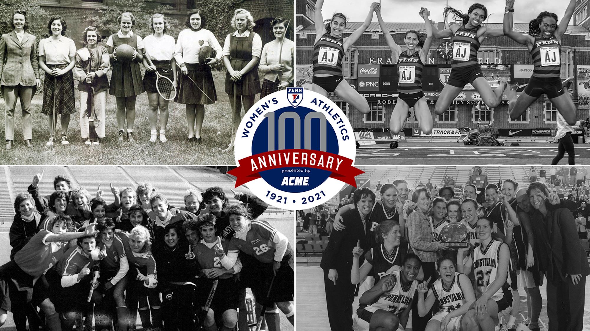 A logo for the 100th anniversary of women's sports at Penn shows women athletes from various decades.