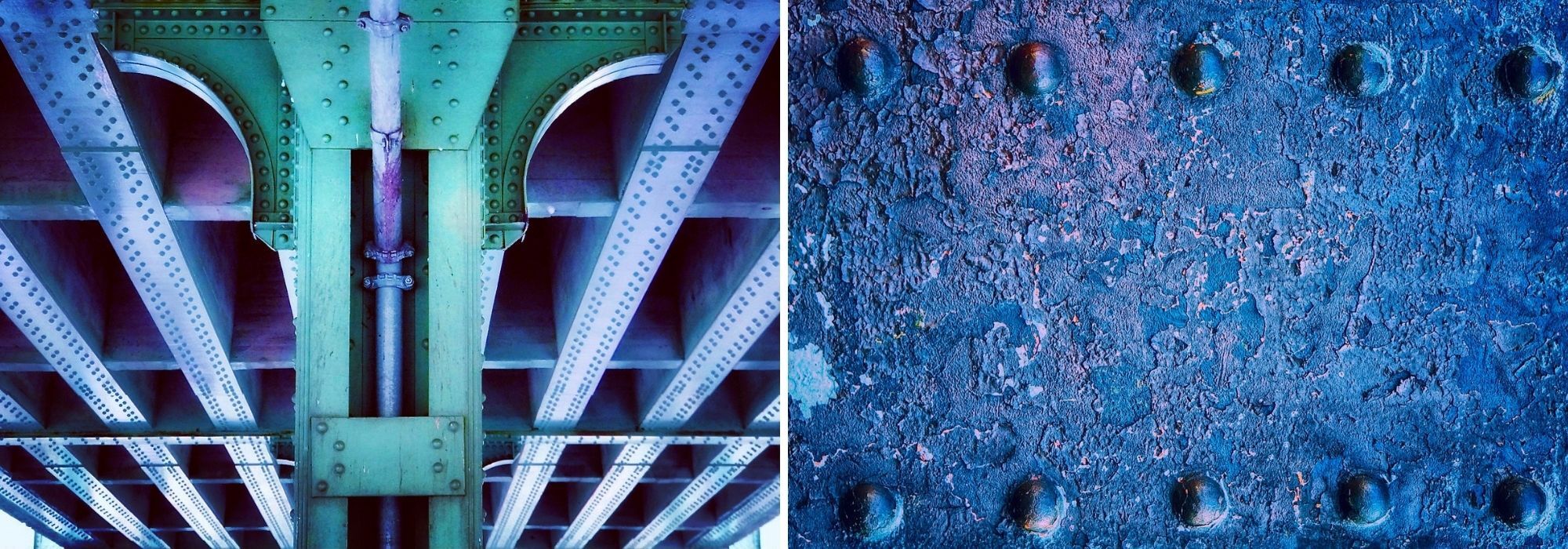 The underside of two bridges, with blue, purple, and teal greens visible. 