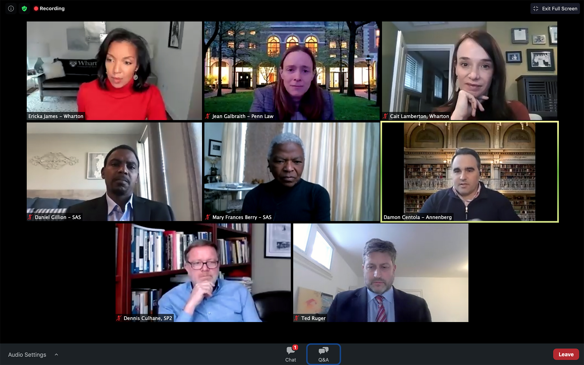 Screen shot of discussion, top row: Erika James, Jean Galbraith, and Cait Lamberton. Middle row: Daniel Gillion, Mary Frances Berry, and Damon Centola. Bottom row: Dennis Culhane, and Ted Ruger. 