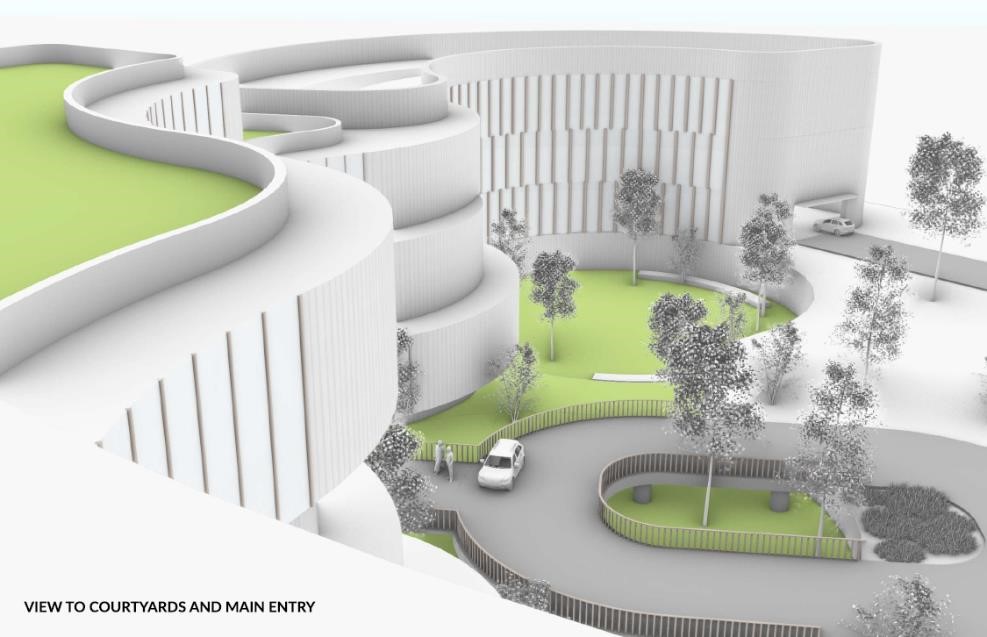 an architectural rendering of a curved hospital entrance with grass and trees and in the bottom corner a legend reads view to courtyard and main entry
