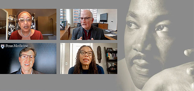 Screen shot of Eve Higginbotham, Kevin Mahoney, Larry Jameson, and Dorothy Roberts, with a black and white image of MLK’s face in the background beside the screen shot grid.