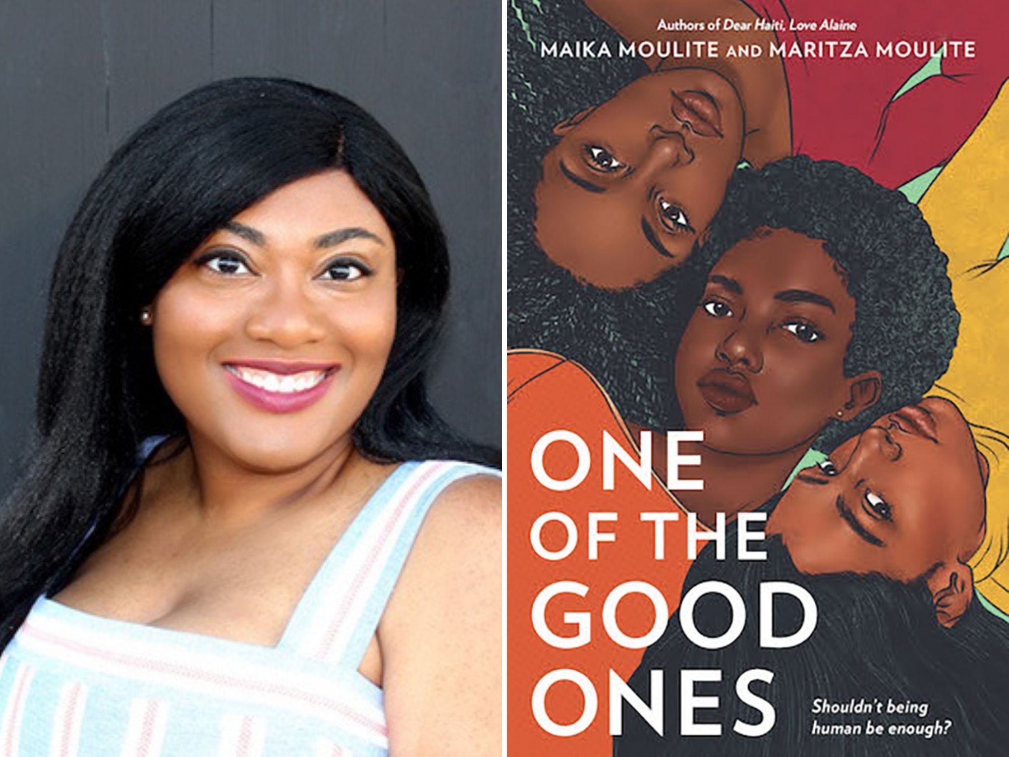 Maritza Moulite headshot on left, book cover for her book, One of the Good Ones, on the right.