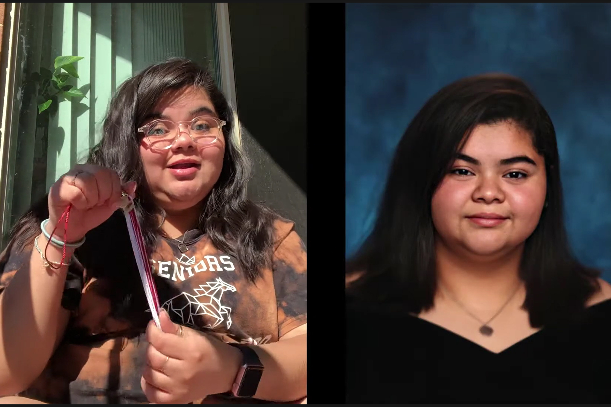 Perla holding ribbon juxtaposed with senior picture