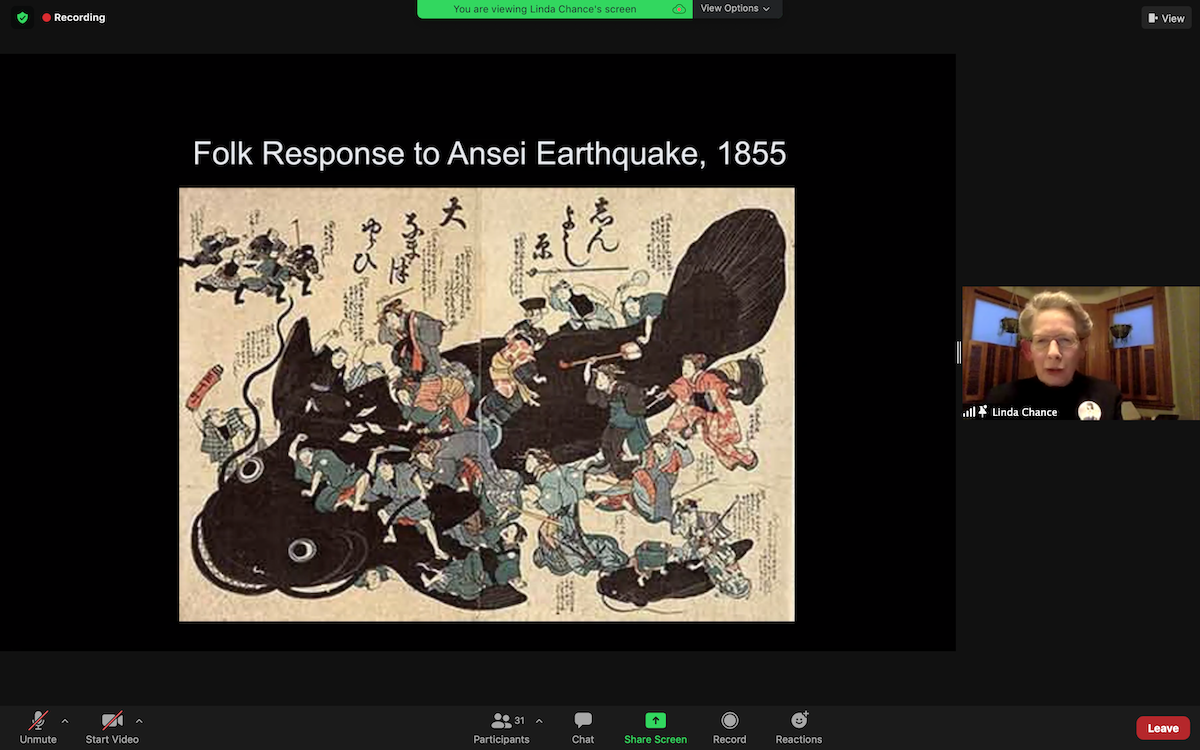 An 1855 painting of Japanese folklore tale about a large fish causing an earthquake is shown on the left, and on the right a woman in a Zoom call panel is speaking.