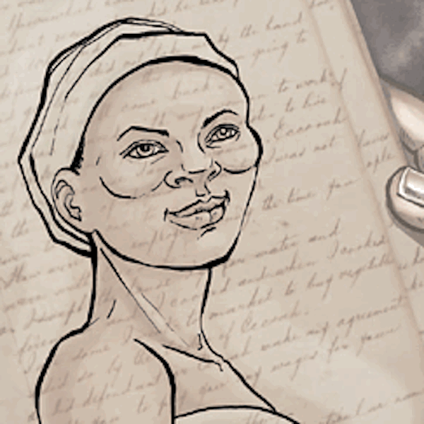 Face of a woman wearing headwrap is sketched atop an historic ledger from 1876