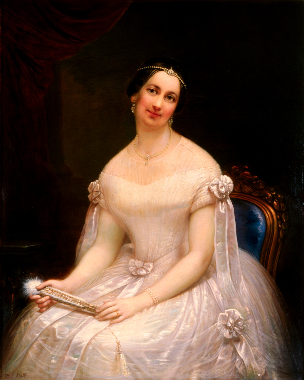 oil painting of woman in silk ball gown