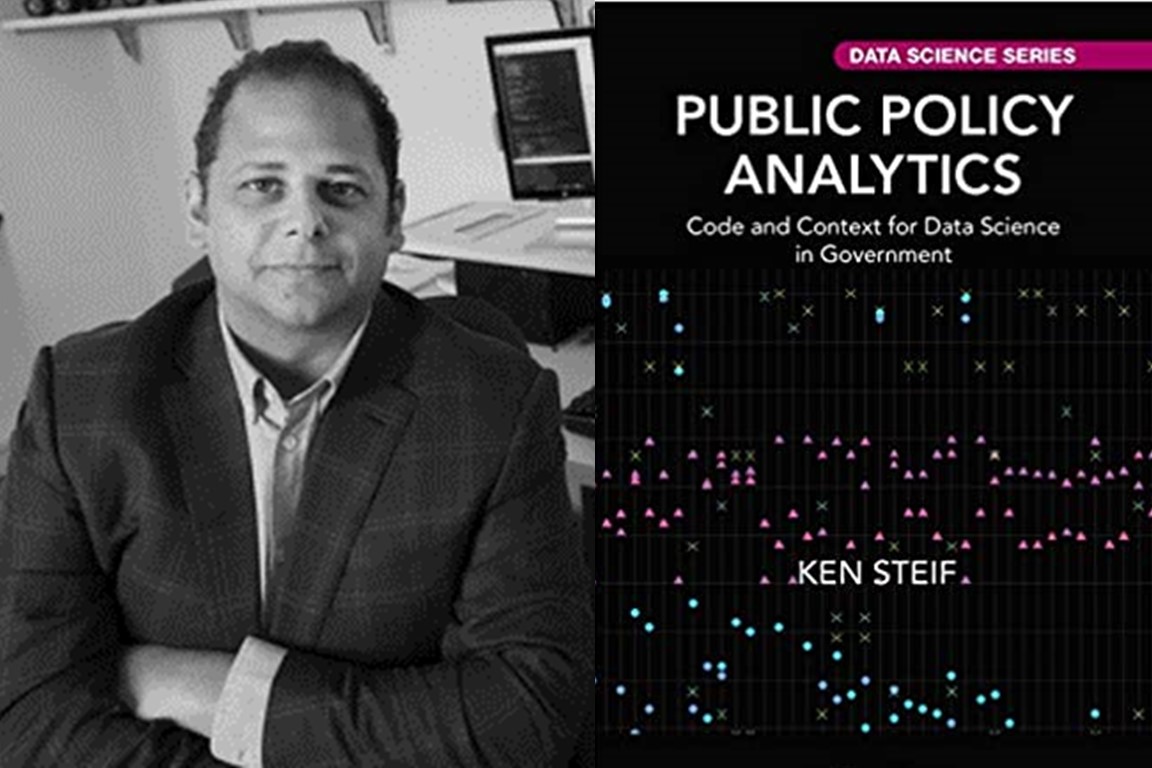 a headshot of ken steif next to the cover of his book titled public policy analytics code and context for data science in government