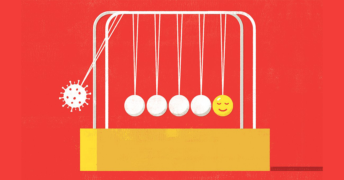 Newton’s cradle where one end swinging ball is a covid virus cell and the other is a content happy face.