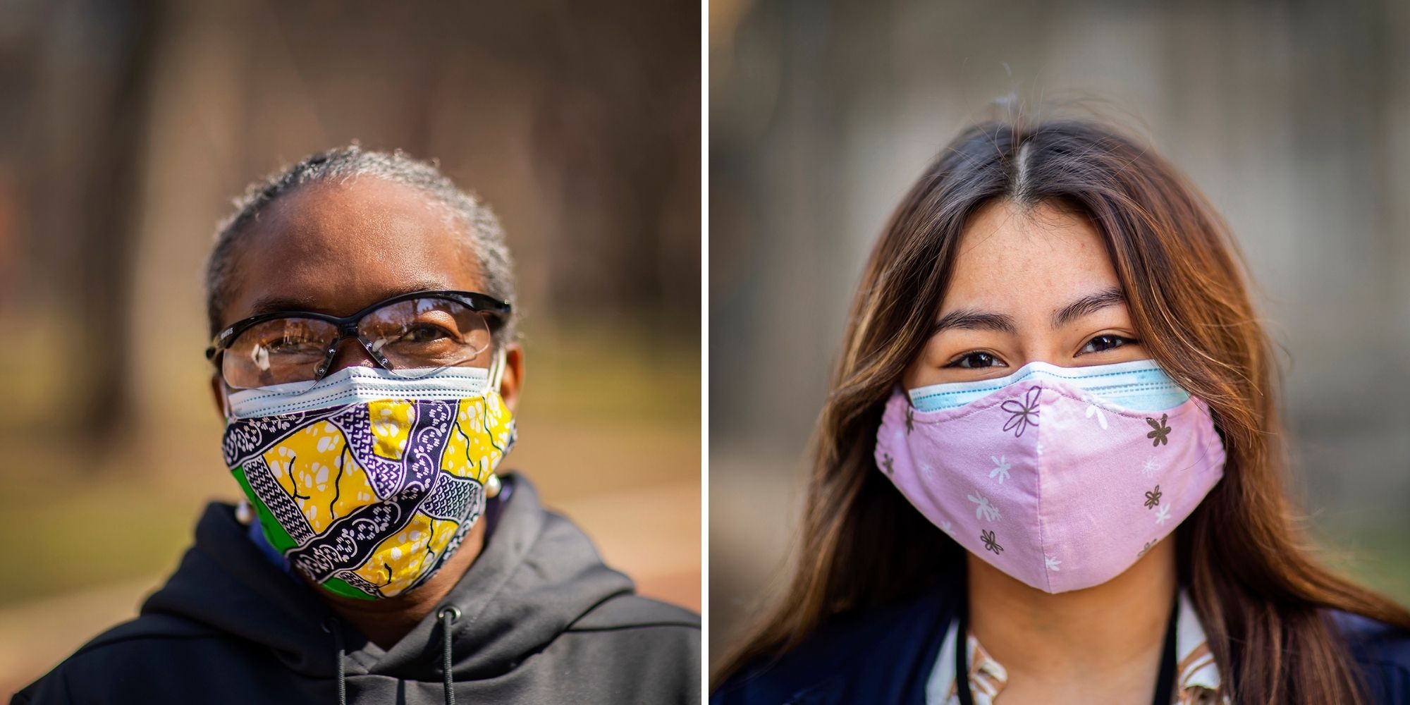 Two headshots of members of the Penn community wearing two face masks.