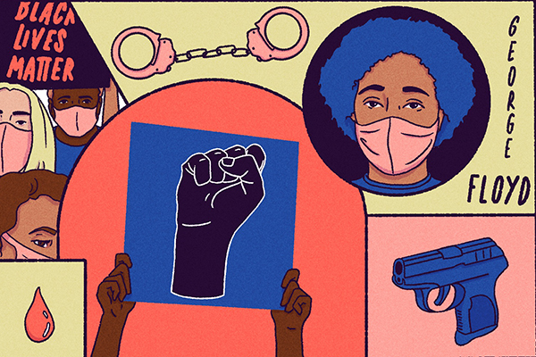 Cartoon montage of a protest, a raised fist, a gun, and a masked African American individual.