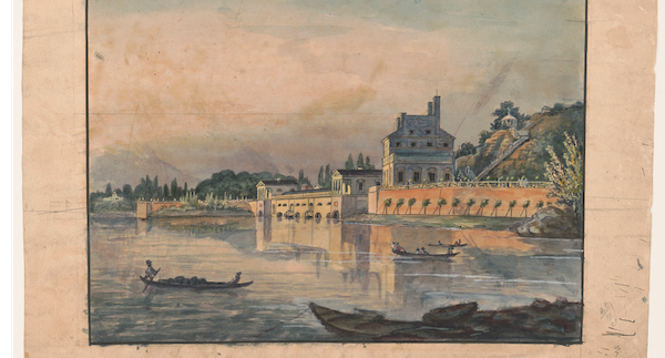 Watercolor painting shows a river with canoes and Philadelphia's Fairmount Water Works in the background