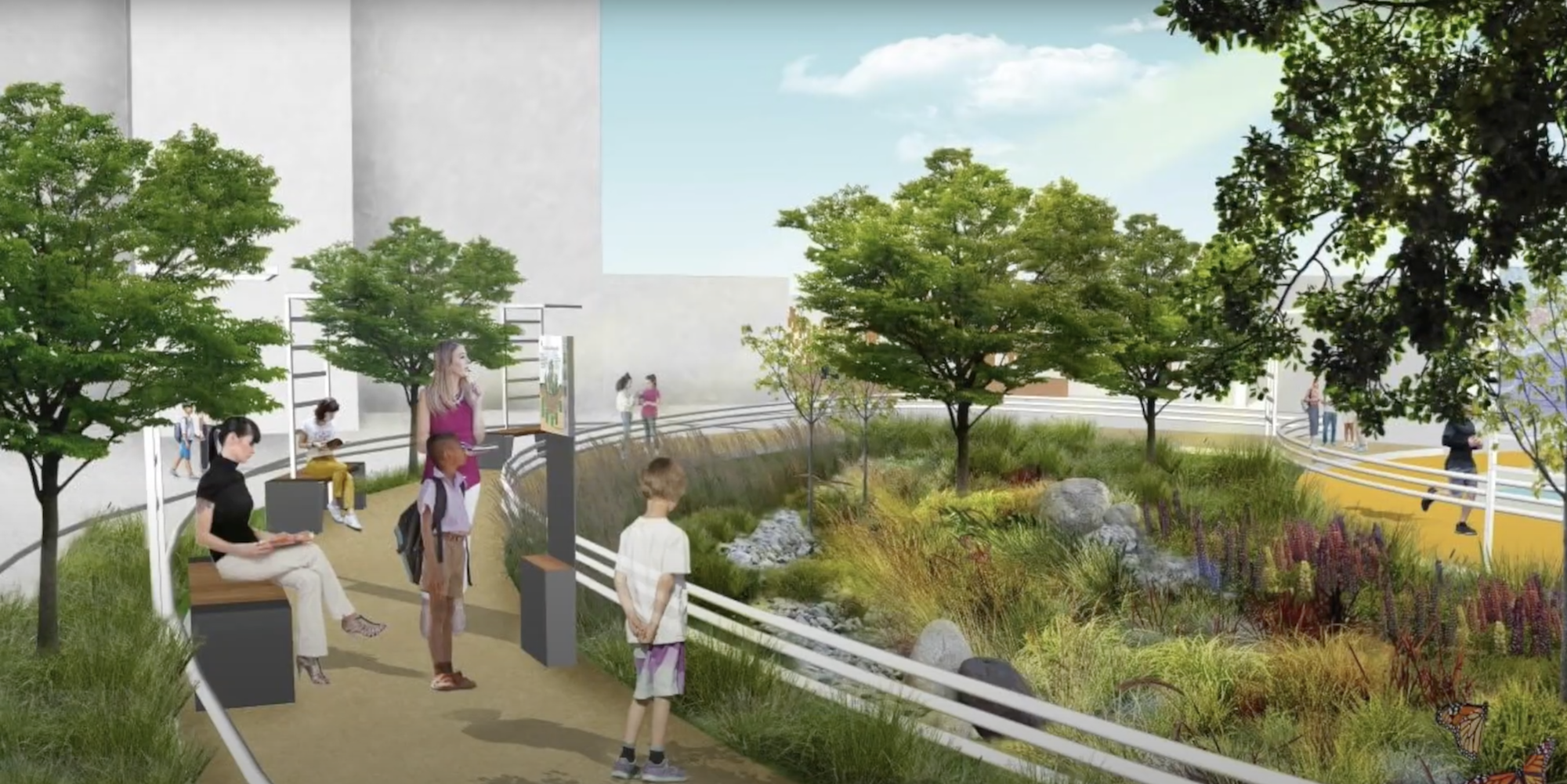 Sketch of adults and children looking at a lush rain garden