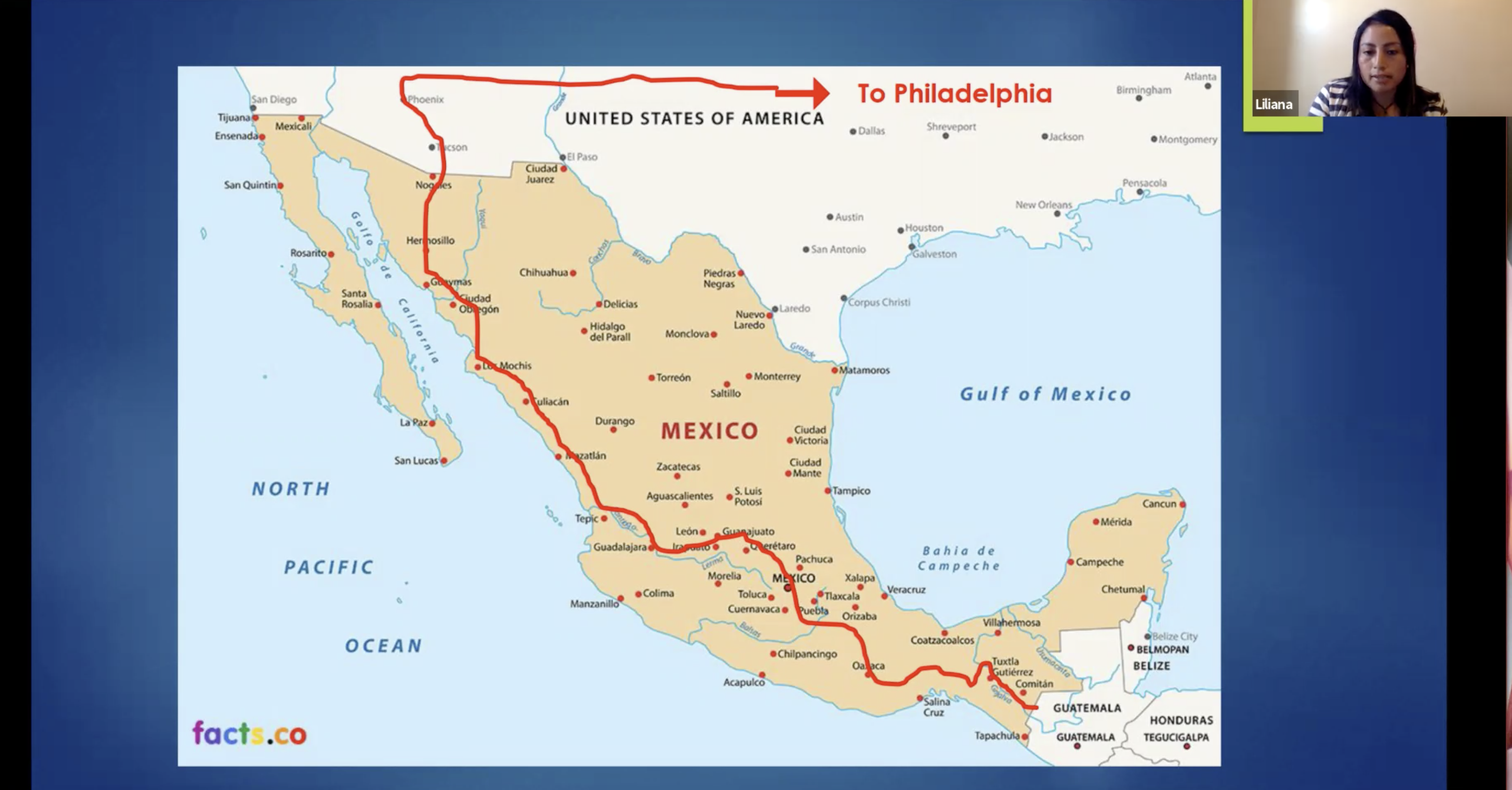 A map with a red line tracing a route from Guatemala to Philadelphia