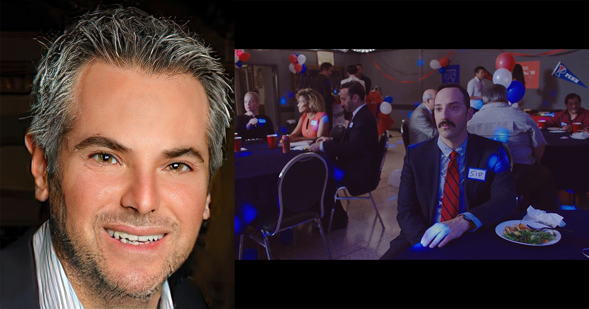 At left, Scott Abramovitch headshot, at right, film still of Tony Hale seated at a table at a Penn alumni reunion.