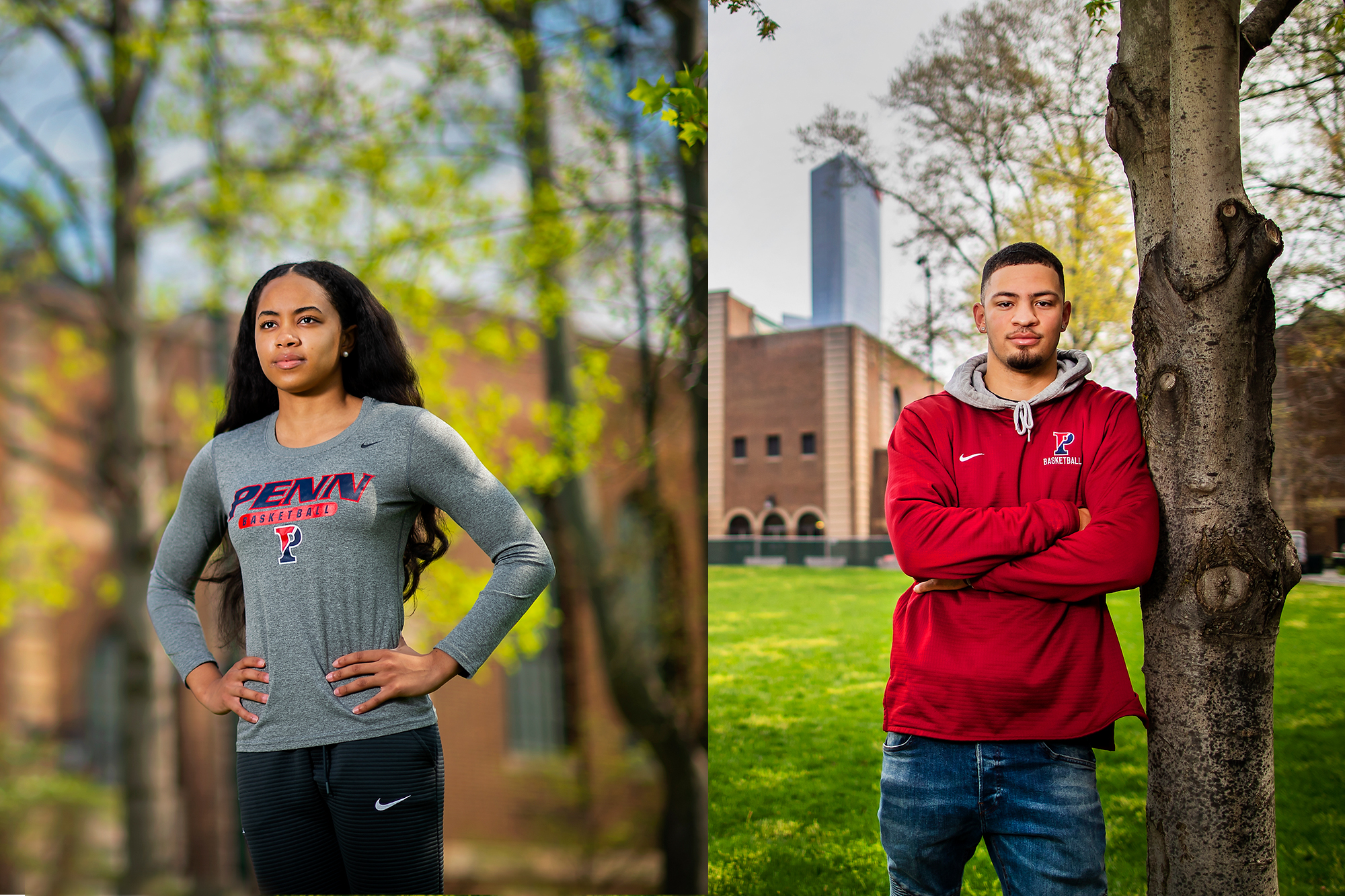 Michae Jones, left, stands with her hands on her hips outside the Palestra, and Jelani Williams, leans up against a tree outside the Palestra.